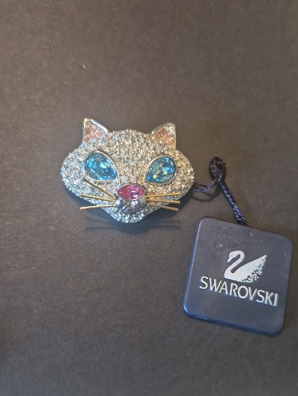 Swarovski Cat Brooch with Blue Eyes and Pink Nose